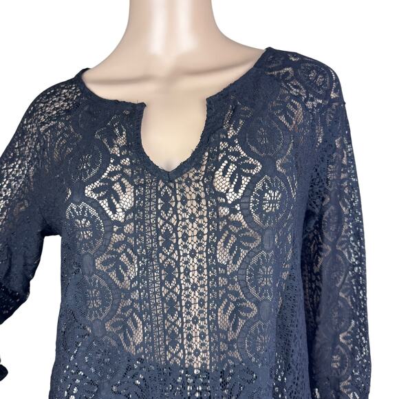 Laundry by Shelli Segal Black Lace See Thru Split Neck 3/4 Sleeve Blouse Size M - Picture 2 of 8